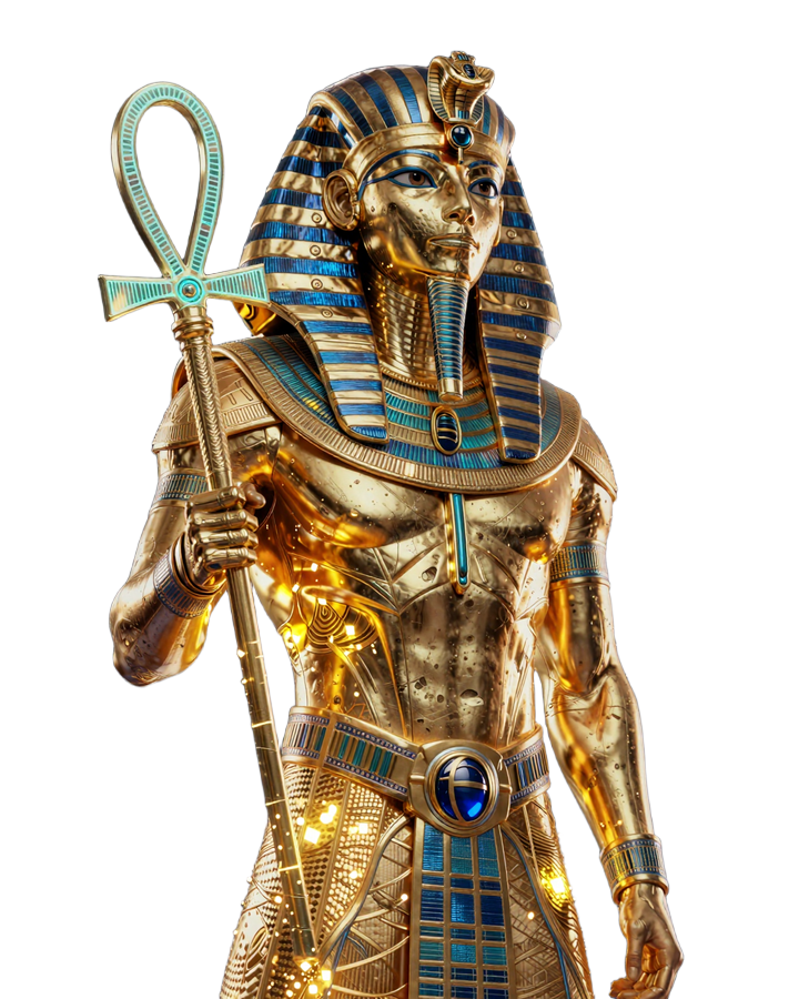 Realz Casino Pharao Maskottchen in Cyberpunk Neon Gold R&uuml;stung mit holografischem Stab